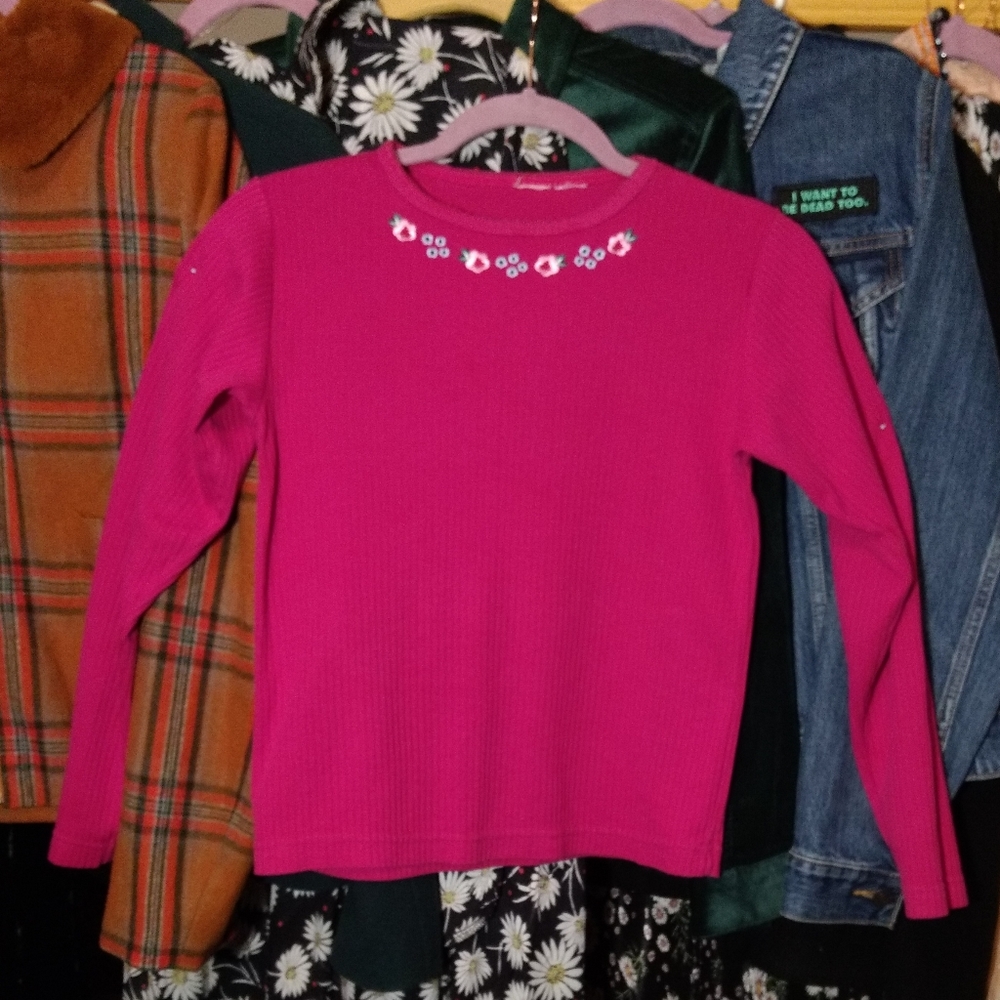 Hot Pink Ribbed Knit Floral Long Sleeve